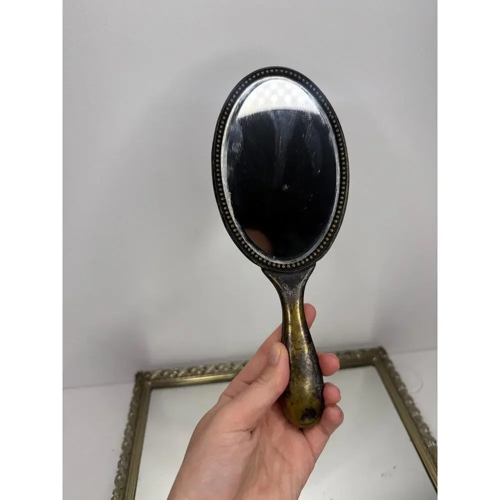Antique Art Nouveau Hand Mirror Gold Tone